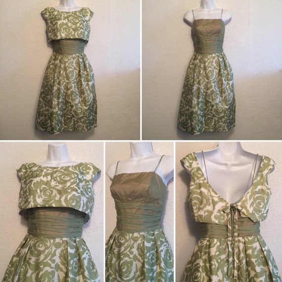 Unique 1950s Vintage Olive Green Floral Formal Dr… - image 2