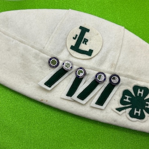 Vintage 4-H White/Cream Felt Garrison Cap Uniform Hat w California Achievement Pins & Patches, Leslie Carman . L