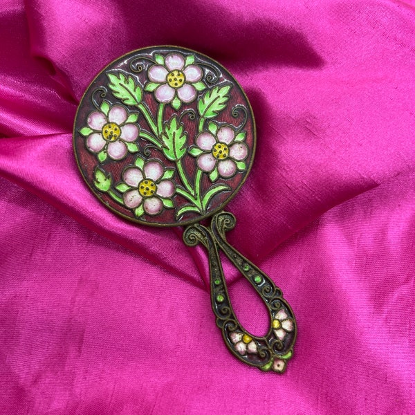 Antique Floral Cloisonne Beveled 4 1/2" Hand Mirror