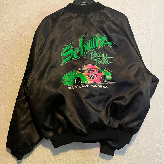 Vintage Black Nylon Satin Jacket w Neon Racing Gr… - image 1