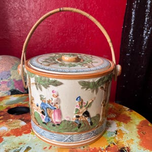 Vintage Japanese Cracker Jar . Rattan Handle Lidded Biscuit, Cookie Jar . Japan