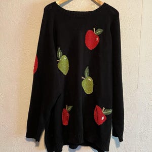 Vintage Quacker Factory Sweater Women&#39;s 3X Black w Big Red & Green Chenille Apples