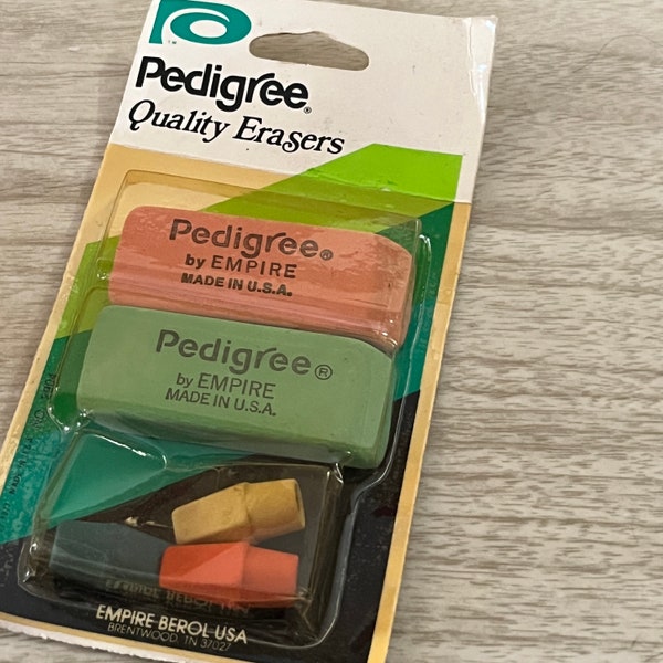 Vintage Erasers in Package ~ 2 Beveled & 3 Pencil Top ~ Pedigree, Empire Berol USA