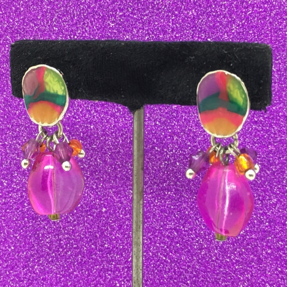 Bright Pink Vintage 1990s Glass Beaded Earrings - image 1