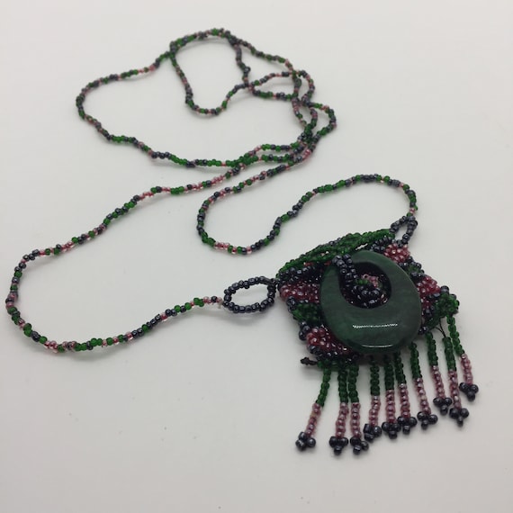Vintage 1990s Pink & Green Seed Bead Amulet Pouch… - image 1