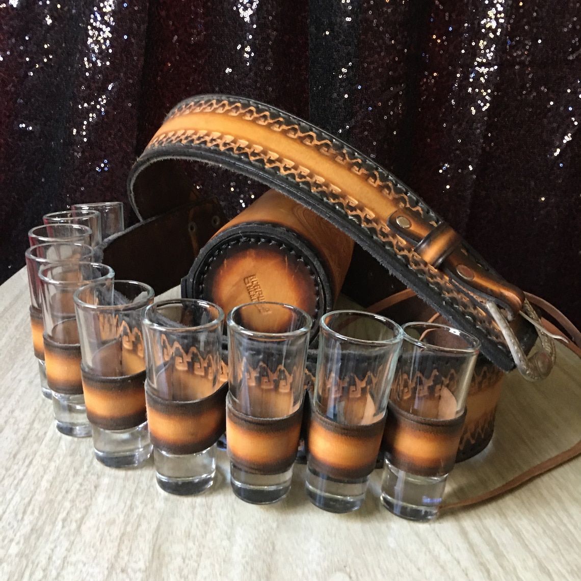 Vintage Tooled Leather Tequila Bandolier Holster W 10 Signed Etsy