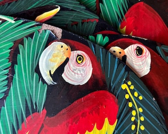 Juego de 6 manteles individuales vintage pintados a mano con loros y tucanes de la selva tropical.