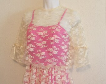 Hot Pink & White Lace Button Back Prom Dress ~ Unique Handmade Vintage