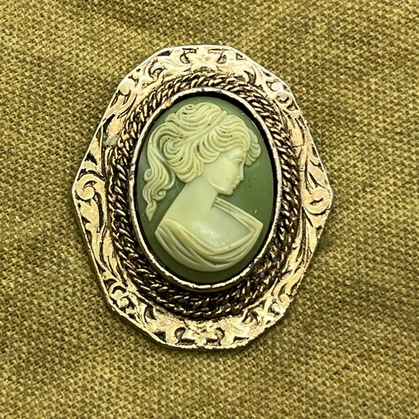 Vintage Green & Gold Cameo Brooch or Pendant by Peri