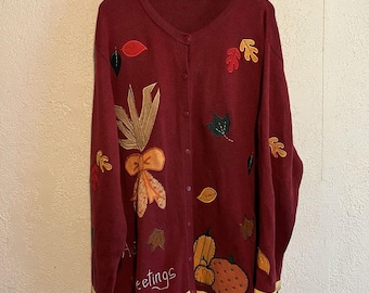 Vintage Quacker Fabrik Strickjacke Damen 2 / 3X Herbst Ernte Herbst Grafiken