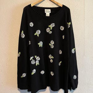 Vintage Quacker Factory Sweater Women&#39;s 3X Black w Embroidered Daisies & Bead Leaves