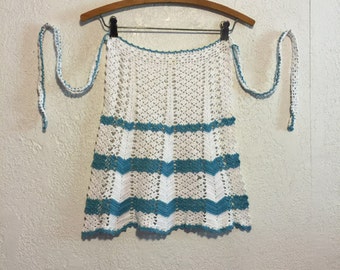 Vintage White & Turquoise Crochet Half Apron