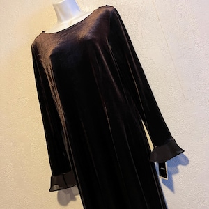 NOS Vintage 1990s/y2k Stretch Velvet Draped Back Dress w Sheer Bell Sleeves & Skirt Panels . Size 10