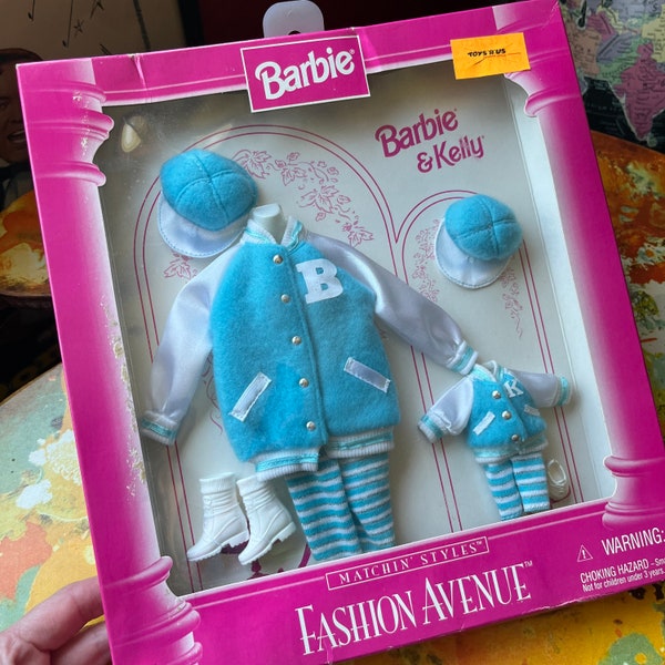 Vintage Barbie & Kelly 1996 Matchin' Styles Fashion Avenue Blue Varsity Jacket Set #17292