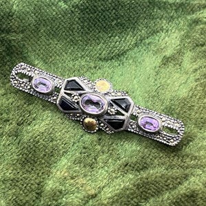 Vintage Art Deco Sterling Silver Marcasite Amethyst & Black Onyx Pin Brooch, Signed