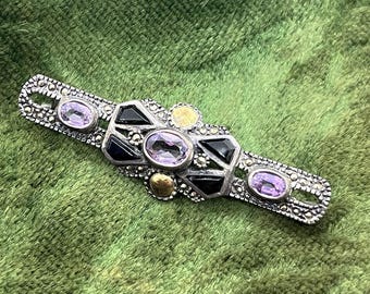 Vintage Art Deco Sterlingsilber Markasit Amethyst & schwarzer Onyx Pin-Brosche, signiert