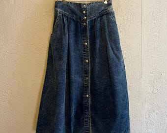 Vintage Blue Denim 1980s Western style Acid Wash Midi Skirt by Jane Ashley . L