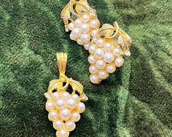 Boucles D'oreilles Vintage Clips - Grappes De Raisin Doré Avec Strass Et Perles Peintes
