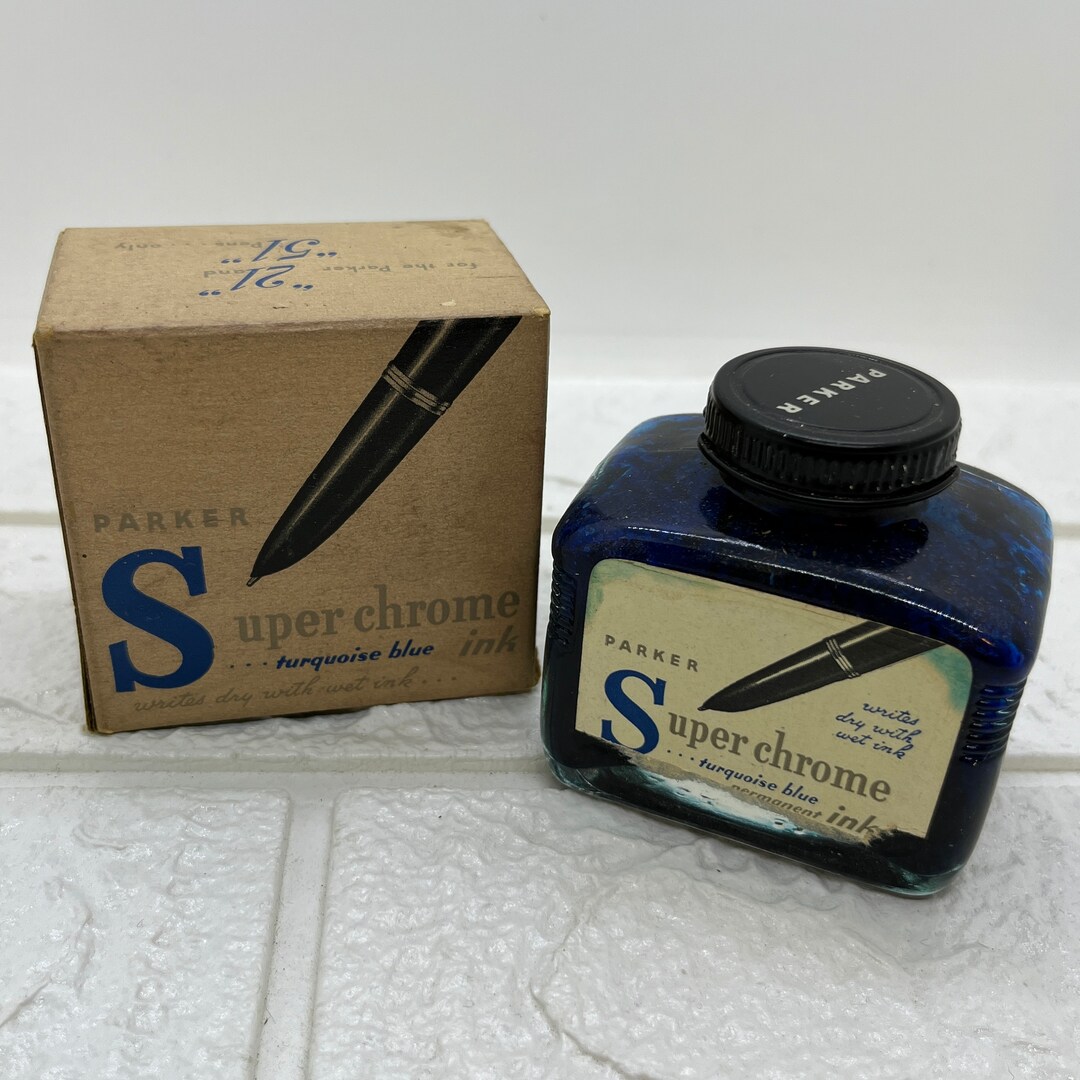 Vintage Parker Ink Bottle Super Chrome Turquoise Blue Etsy