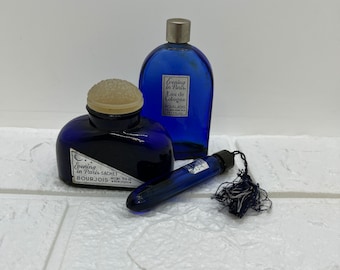 Vintage ~Evening in Paris~ Cobalt Bourjois Cologne Bottle, Faceted Cobalt Vial & Full Sachet Powder Bottle