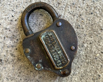 Vintage Brass Railroad Padlock . Heart Shape Heavy Lock . Stamped N 2-21 D