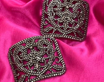 Antique Steel Cut Marcasite Shoe Clips, Vintage Art Nouveau Shoe Buckles . France