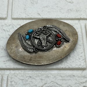 Vintage Southwestern Belt Buckle . Steer Head w Turquoise & Coral