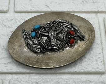 Vintage Western Eagle Belt Buckle Spiny Coral Turquoise Nugget Quarter Coins STONES & COINS EAGLE Turquoise Coral Buffalo Coins Silver  main image 3