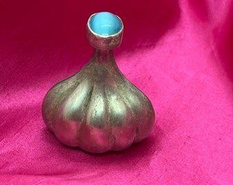 Vintage Mexico 925 Silver Perfume Bottle, Flask, Vial w Blue Jewel Top