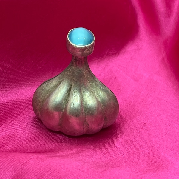 Vintage Mexico 925 Silver Perfume Bottle, Flask, Vial w Blue Jewel Top