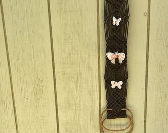 Vintage Macrame Towel Holder w 3 Ceramic Butterflies