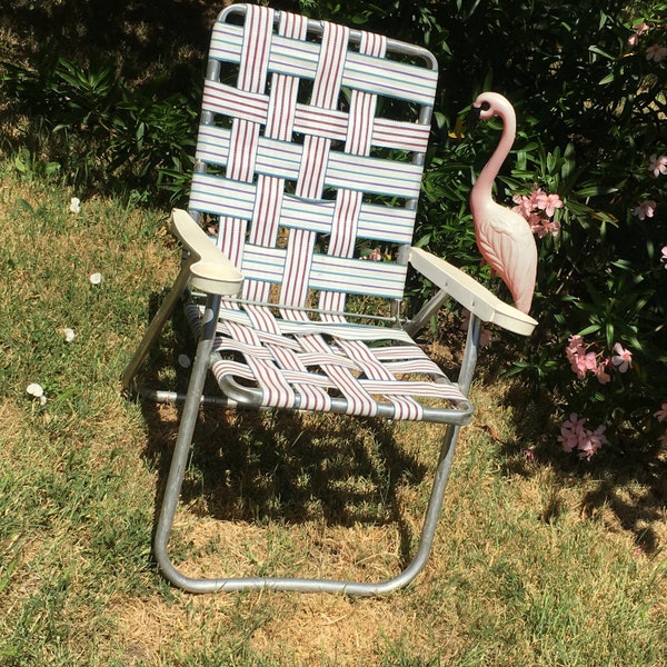 Vintage Aluminum Folding Patio Camp Chair w. Webbing & Drink Holder Arms, Adult Size