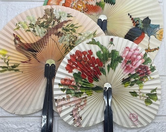 3 Vintage Folding Chinese Paper Fans ~ Shanghai Arts & Crafts, People's Republic of China