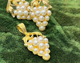 Vintage Rhinestone & Faux Pearl Cluster Earring + Necklace Pendant