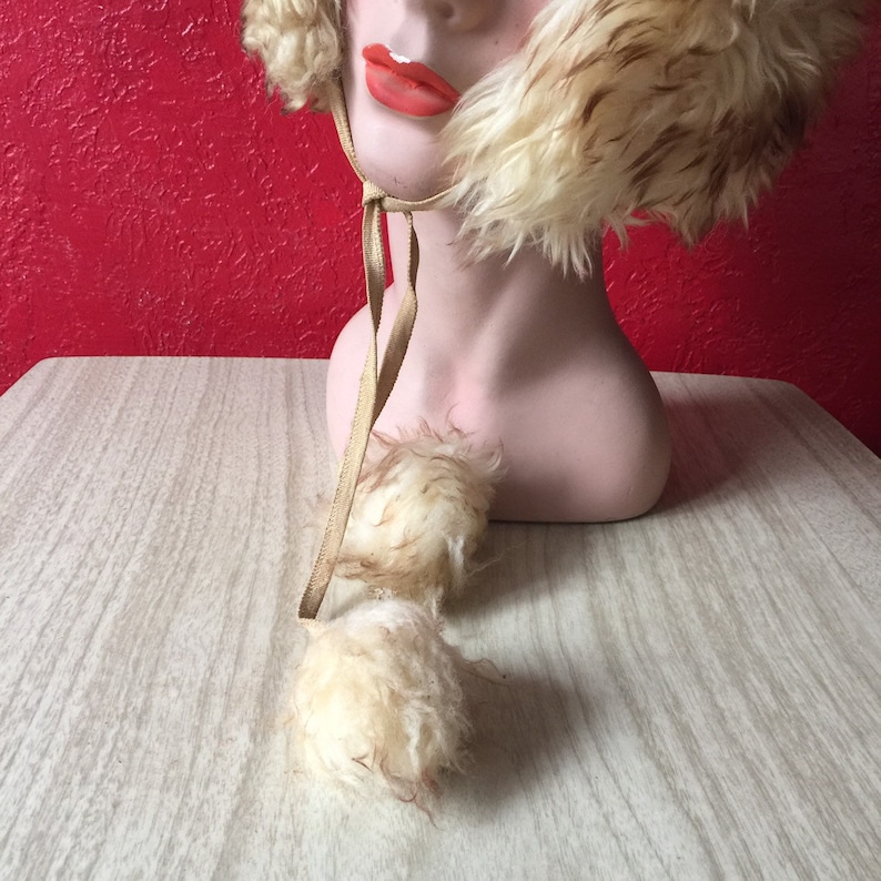 Vintage Shearling Tuscan Lamb Fur Winter Hat Pom Poms Suede Leather Back Ushanka