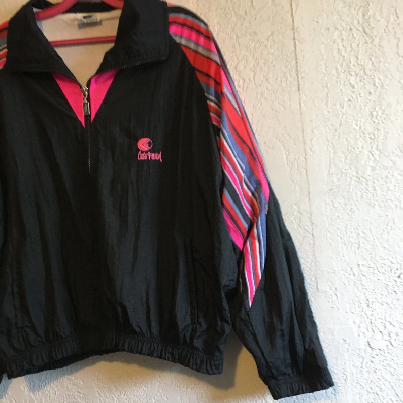 Vintage 1990s Bright Colorful Striped Black Windbreaker by Cross Fusion image 4