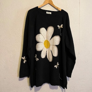 Vintage Quacker Factory Pullover Sweater Womens 3X Daisies and Bees on Black
