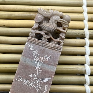 Carved Chinese Seal Stamp Chop Stone Marble Etched Bird Signed