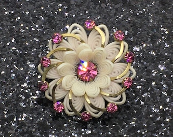 Unique Swirly Plastic, Metal & Pink Stone Flower Brooch