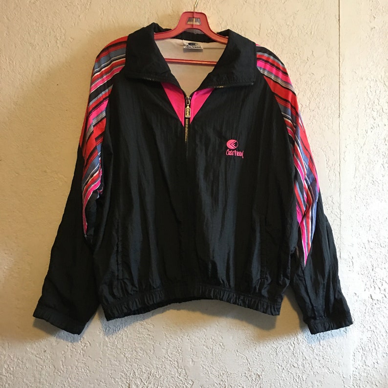 Vintage 1990s Bright Colorful Striped Black Windbreaker by Cross Fusion image 1