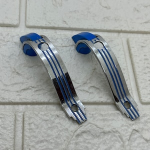2 Vintage BLUE Striped Chrome Mid Century Cabinet Handles