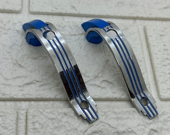 2 Vintage BLUE Striped Chrome Mid Century Cabinet Handles