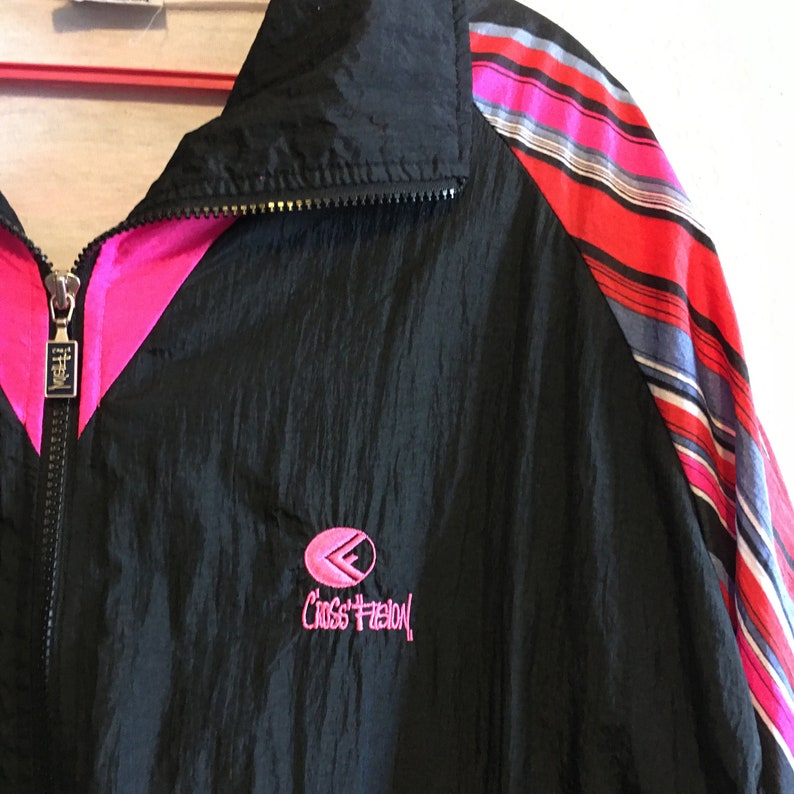 Vintage 1990s Bright Colorful Striped Black Windbreaker by Cross Fusion image 5