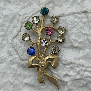 Vintage Gold Fill Bow Brooch w Bouquet of Multi-color Rhinestones