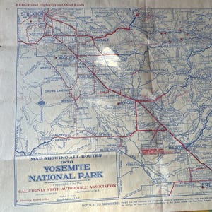 Vintage Map .CSAA. All Routes Into Yosemite National Park 1920s/1930s California