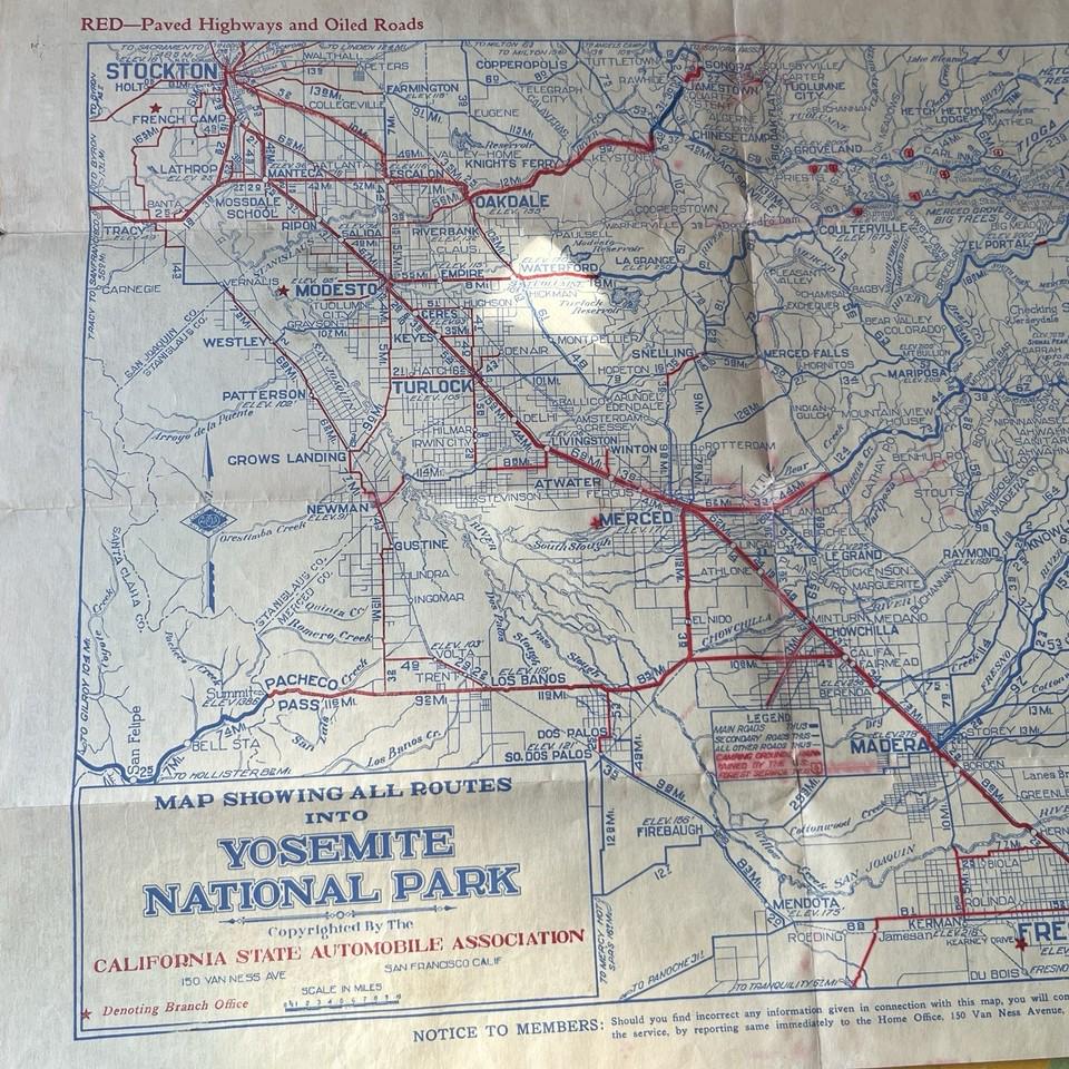 Vintage Map .CSAA. All Routes Into Yosemite National Park 1920s/1930s California