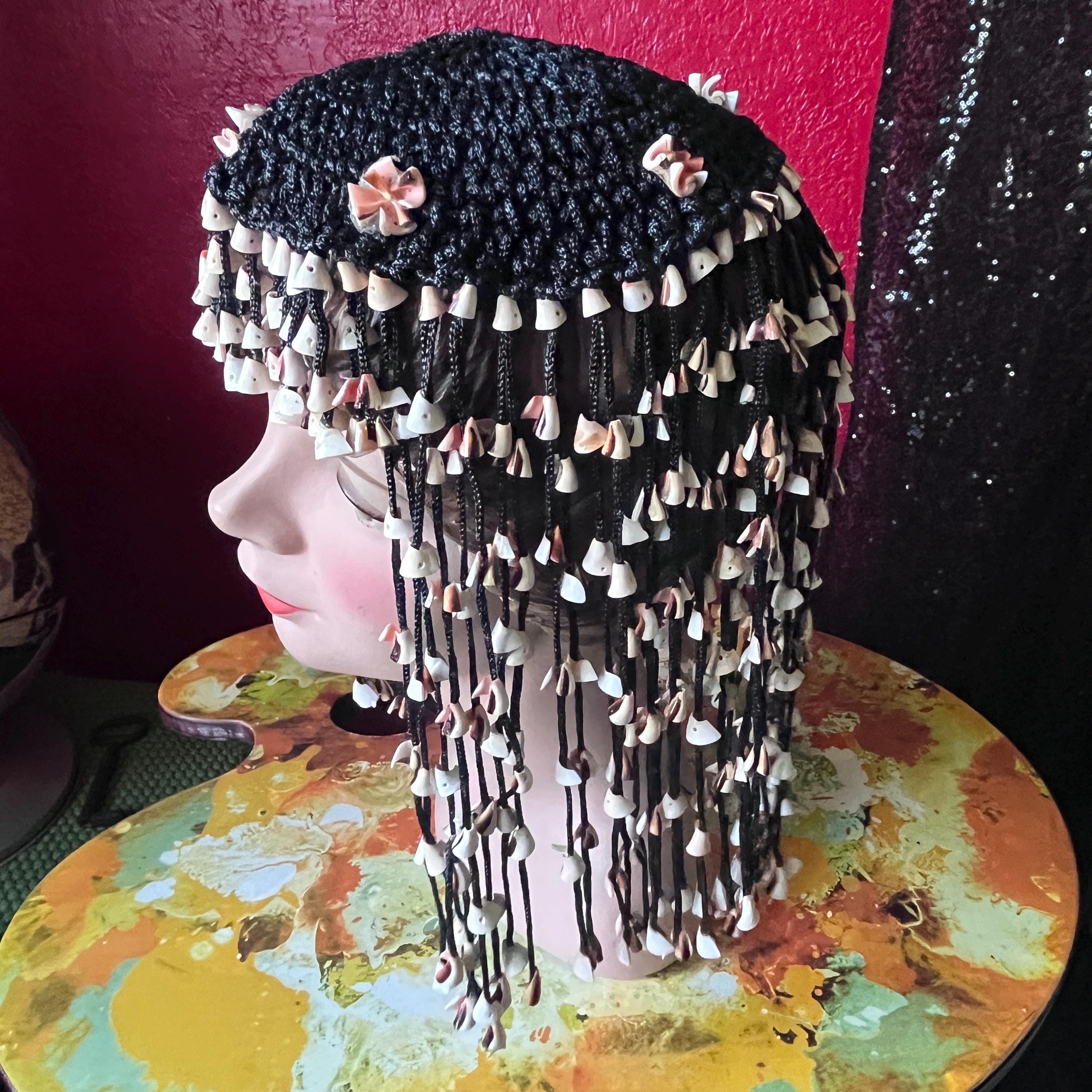 Vintage 1970s Cowrie Shell Black Fringe Cleopatra Headpiece  display picture 2