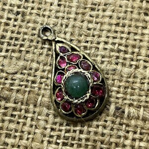 Mughal Style Ruby Emerald Silver Pendant • Vintage Handcrafted Teardrop Necklace Charm India