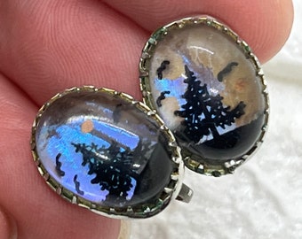 Vintage Butterfly Wing, Hand Painted Tree Landscape Scene Screw back Earrings, Sterling Hardware