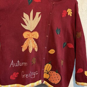 May include: A burgundy cardigan sweater with autumn-themed appliqu&eacute;s. The sweater features embroidered leaves, pumpkins, and the text "Autumn Greetings." The design includes a large bow and wheat-like embellishments. The bottom hem has a yellow and orange striped pattern.